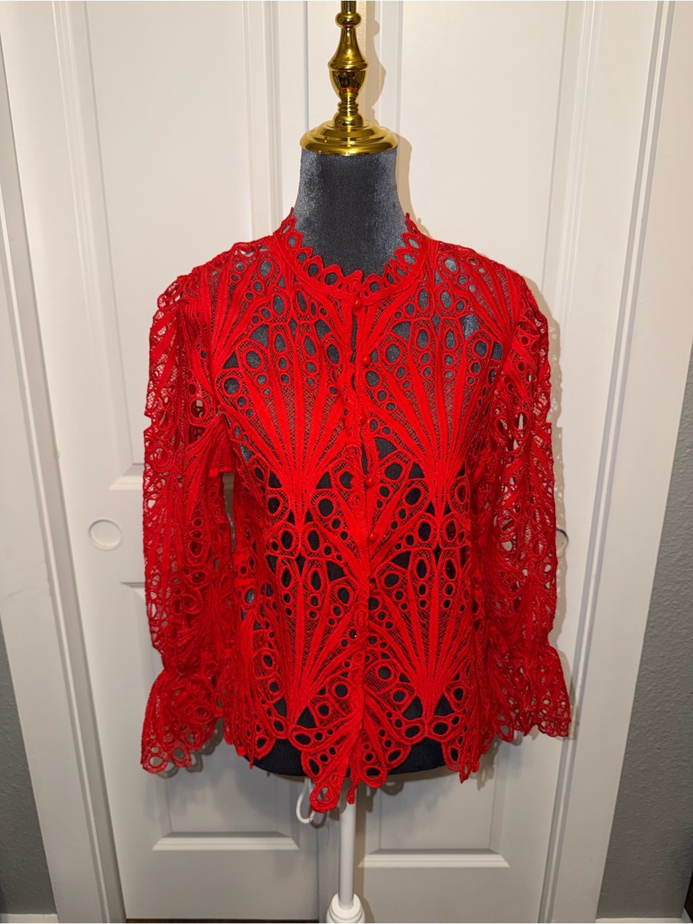 Red Lace Crochet Long-Sleeve Women's Top